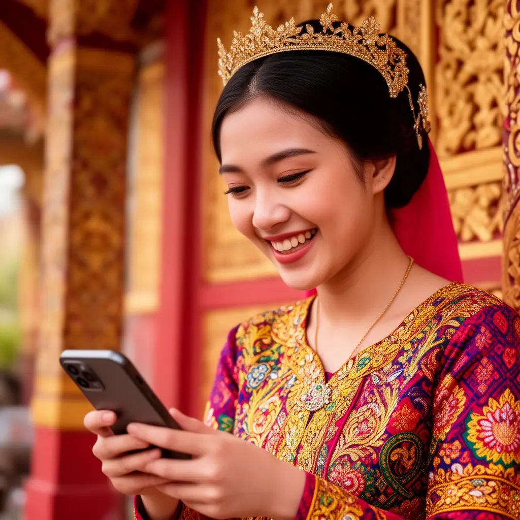 Happy Malaysian woman in a traditional outfit using the BP99 casino app on her smartphone while smiling and enjoying mobile gaming