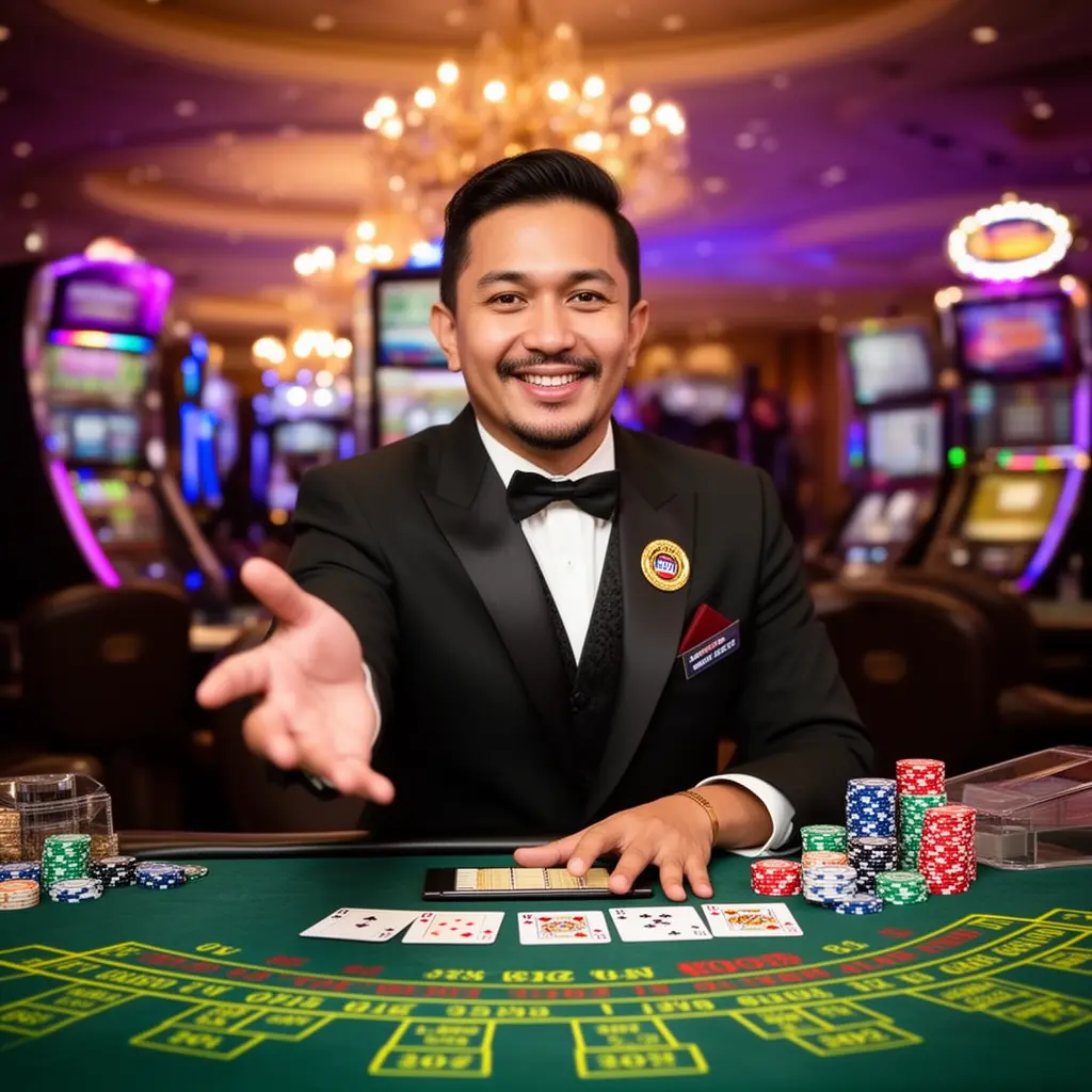 Smiling casino dealer in a red vest welcoming players to the BP99 live casino lobby with glowing tables and slot machines in the background