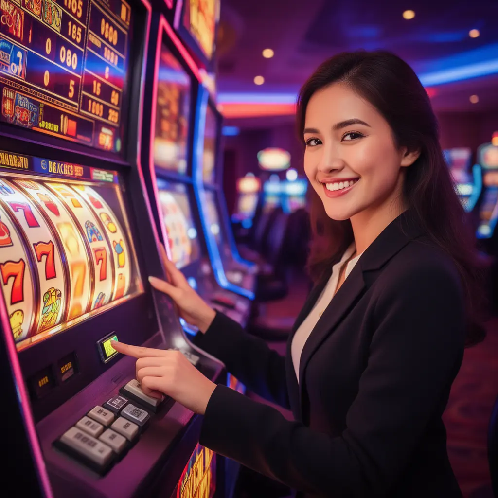 A confident Malaysian woman enjoying vibrant slot machines in a neon lit casino atmosphere at BP99 with glowing reels and immersive gameplay